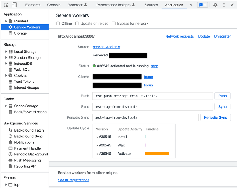 Verify service worker registration in chrome developer tool application section