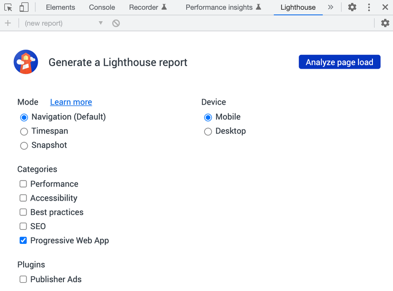 Chrome lighthouse audits for PWAs