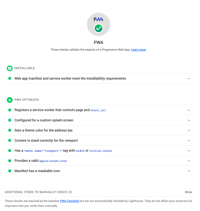 Chrome lighthouse report for PWA after completing all the steps